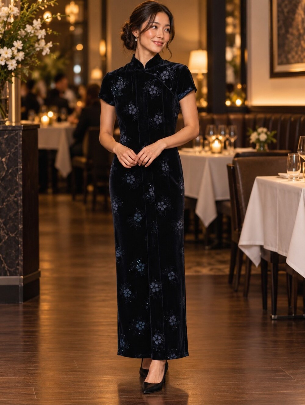 S.L. Fashions Vintage Petite Velvet Cheongsam Maxi Dress with Floral Embroidery
